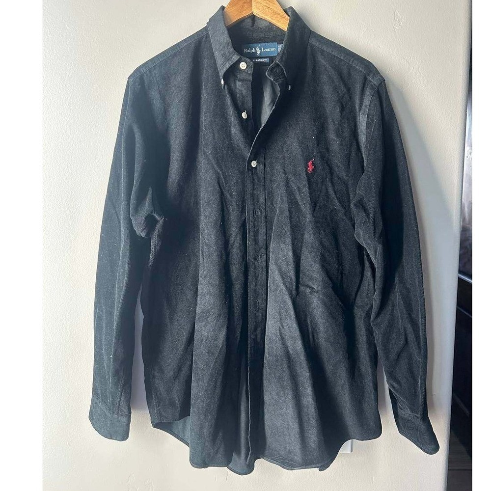 Ralph Lauren Classic Fit Corduroy Button Down Shirt Black L Preppy Academia Luxe